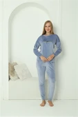 Moda Çizgi Kadın Kadife Mavi Pijama Takım 20624 - 2