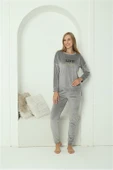 Moda Çizgi Kadın Kadife Gri Pijama Takım 20624 - 4