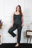 Moda Çizgi Kadın Büyük Beden Yeşil Ekoseli İp Askılı Pijama Takım 202197 thumbnail 4