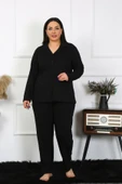 Moda Çizgi Kadın Büyük Beden Pamuklu Cepli Düğmeli Siyah Pijama Takım 202401 thumbnail 1