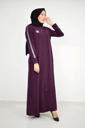 Yıldız Arma Desenli Kol Seritli Tesettür Ferace Mor 2176 - 3