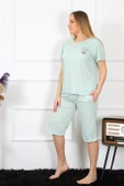 Moda Çizgi Kadın Büyük Beden Viscon Su Yeşili Kapri Pijama Takım 202193 - 4