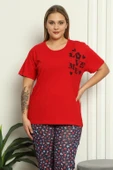 Moda Çizgi Kadın %100 Pamuk Kısa Kol Büyük Beden Pijama Takım 202144 - 1