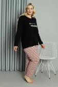 Moda Çizgi Kadın Büyük Beden Penye Uzun Kol Pijama Takım 202210 - 3