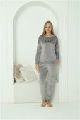 Moda Çizgi Kadın Kadife Gri Pijama Takım 20624 - 5