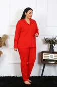 Moda Çizgi Kadın Büyük Beden Pamuklu Cepli Düğmeli Kırmızı Pijama Takım 202401 thumbnail 4