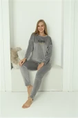 Moda Çizgi Kadın Kadife Gri Pijama Takım 20624 - 1