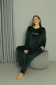 Moda Çizgi Büyük Beden Kadın Kadife Yeşil Pijama Takım 20628 - 5