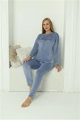 Moda Çizgi Kadın Kadife Mavi Pijama Takım 20624 - 3
