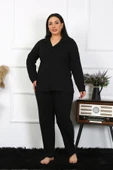 Moda Çizgi Kadın Büyük Beden Pamuklu Cepli Düğmeli Siyah Pijama Takım 202401 thumbnail 5