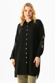Uzun Kol Deste Gömlek Yaka Yazlık Müslin Tunik Siyah Syh L Siyah - 1