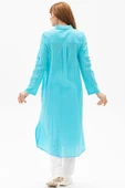 Uzun Kol Yakalı Gofre Mevsimlik ve Yazlık Tunik Turkuaz Trkz 2XL Turkuaz thumbnail 2