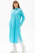 Uzun Kol Yakalı Gofre Mevsimlik ve Yazlık Tunik Turkuaz Trkz 3XL Turkuaz thumbnail 4