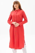 Uzun Kol Yakalı Gofre Mevsimlik ve Yazlık Tunik Mercan Mrcn 2XL Mercan thumbnail 4