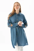 Uzun Kol Deste Gömlek Yaka Yazlık Müslin Tunik İndigo indg L İndigo thumbnail 6
