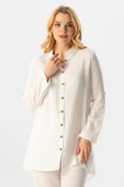Uzun Katlanabilir Kol Sedanur Gömlek Yaka Yazlık Müslin Tunik Beyaz Byz 3XL Beyaz thumbnail 5