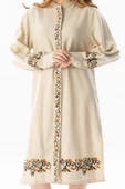 Uzun Kol Belma Keten Nakışlı Düğmeli Yazlık Otantik Tunik Krem Krm S Krem thumbnail 3