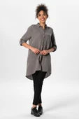 Uzun Katlanabilir Kol Sedanur Gömlek Yaka Yazlık Müslin Tunik Gri Gri L Gri thumbnail 1
