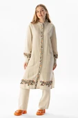 Uzun Kol Belma Keten Nakışlı Düğmeli Yazlık Otantik Tunik Krem Krm S Krem thumbnail 1