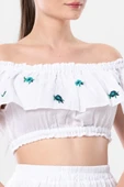Lavinya Vual Lastik Detaylı Nakışlı Yazlık Crop Bluz Beyaz Byz 2XL-3XL Beyaz thumbnail 3