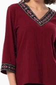 Truvakar Kol V Yaka Nakışlı Talya Şile Bezi Yazlık Bluz Bordo Brd S Bordo - 3