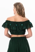 Lavinya Vual Lastik Detaylı Nakışlı Yazlık Crop Bluz Yeşil Ysl L/XL Yeşil thumbnail 2
