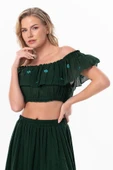 Lavinya Vual Lastik Detaylı Nakışlı Yazlık Crop Bluz Yeşil Ysl 2XL-3XL Yeşil thumbnail 4