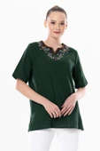 Kısa Kol Şile Bezi Gökkuşağı Nakış Detaylı Yazlık Bluz Yeşil Ysl 3XL Yeşil - 1