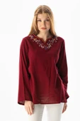 Uzun Kol Şile Bezi Gökkuşağı Nakış Detaylı Yazlık Bluz Bordo Brd S Bordo - 1
