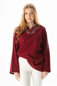Uzun Kol Şile Bezi Gökkuşağı Nakış Detaylı Yazlık Bluz Bordo Brd S Bordo - 5