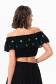 Lavinya Vual Lastik Detaylı Nakışlı Yazlık Crop Bluz Siyah Syh 2XL-3XL Siyah thumbnail 2