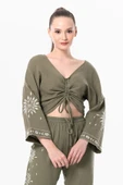 Uzun Kol Günışığı Büzgü Detaylı Yazlık Müslin Bluz Haki Hk S/M Haki - 1
