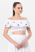 Lavinya Vual Lastik Detaylı Nakışlı Yazlık Crop Bluz Beyaz Byz L/XL Beyaz thumbnail 1