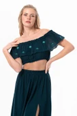 Lavinya Vual Lastik Detaylı Nakışlı Yazlık Crop Bluz Petrol Ptrl 2XL-3XL Petrol thumbnail 1