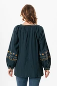 Uzun Kol Şile Bezi Gülruh V Yaka Nakışlı Bluz Petrol Ptrl L/XL Petrol - 2