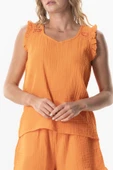 Kolsuz Fırfır Detaylı Duru Oval Yaka Müslin Yazlık Bluz Turuncu Trnc XS Turuncu thumbnail 3