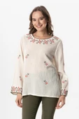 Uzun Kol Şile Bezi Kiraz Nakış İşlemeli Yazlık Bluz Krem Krm S/M Krem thumbnail 1