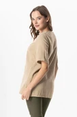 Kısa Kol Çiçek V Yaka Nakışlı Müslin Yazlık Bluz Vizon Vzn 4XL/5XL Vizon - 2