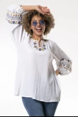Uzun Kol Şile Bezi Gülruh V Yaka Nakışlı Bluz Beyaz Byz 2XL-3XL Beyaz - 1