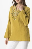 Uzun Kol Çiçek V Yaka Nakışlı Müslin Yazlık Bluz Yağ Yeşili Ygysl 4XL/5XL Yağ Yeşili - 3