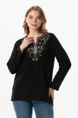 Uzun Kol Çiçek V Yaka Nakışlı Müslin Yazlık Bluz Siyah Syh 2XL-3XL Siyah - 1