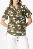 Kısa Kol Şile Bezi Seda V Yaka Kamuflaj Yazlık Bluz Yeşil Ysl 3XL Yeşil thumbnail 3