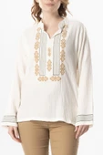 Uzun Kol İbiza Nakışlı Kadın Müslin Yazlık Tshirt Kırık Beyaz KrkByz XL Kırık Beyaz thumbnail 3