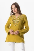 Uzun Kol Çiçek V Yaka Nakışlı Müslin Yazlık Bluz Yağ Yeşili Ygysl 2XL-3XL Yağ Yeşili - 1