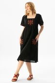 Kısa Kol Şile Bezi Melek Midi Boy Yazlık Otantik Elbise Siyah Syh 2XL Siyah thumbnail 5