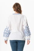 Uzun Kol Şile Bezi İdil V Yaka Nakışlı Yazlık Bluz Beyaz Byz M Beyaz - 2