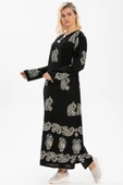 Uzun Kol Taş Baskı Pamuk Uzun Şal Desen Yazlık Etnik Elbise Siyah Syh 2XL Siyah-Beyaz thumbnail 4