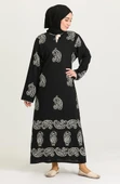 Uzun Kol Taş Baskı Pamuk Uzun Şal Desen Yazlık Etnik Elbise Siyah Syh 2XL Siyah-Beyaz thumbnail 7