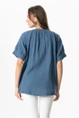Kısa Kol V Yaka Venüs Düğmeli Müslin Yazlık Bluz İndigo indg S/M İndigo thumbnail 2