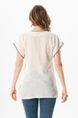 Kısa Kol Şile Bezi Cahide Yırtmaç Detaylı Yazlık Bluz Krem Krm L/XL Krem thumbnail 2